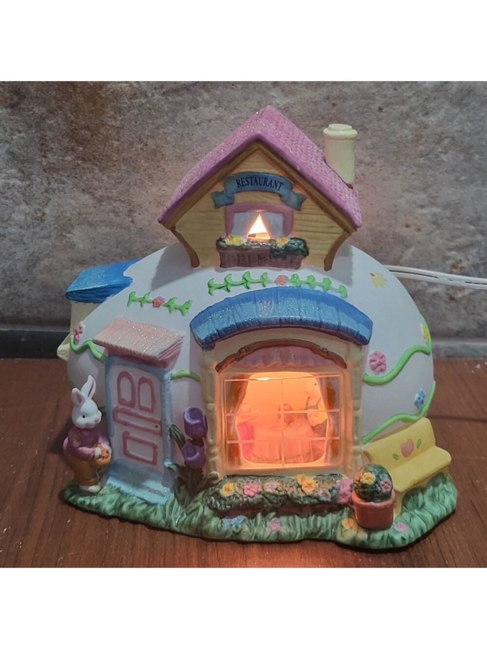 VTG Handpainted Porcelain Lighted Easter House Bunny Restaurant Village Box